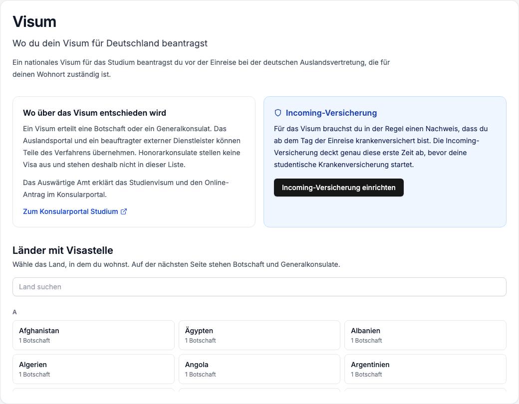 Visumsbereich in einem Germany-for-Students-Konto, mit Hinweis, wo über das Visum entschieden wird, und einer durchsuchbaren Länderliste deutscher Visastellen.